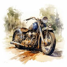 a painting of an old motorcycle on the road