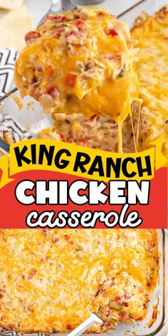 the king ranch chicken casserole is being lifted with a spatula to eat