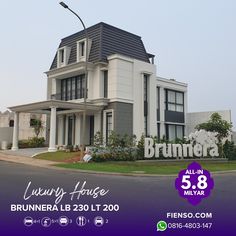 an advertisement for the brinnera brand in front of a large white house with purple lettering