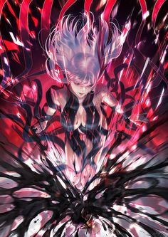 an anime character with white hair and red eyes is surrounded by black and pink swirls