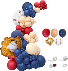 balloons are arranged in the shape of baseballs, mitts, and ballons