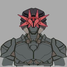 an image of a robot with red spikes on his head and arms, standing in front of a gray background