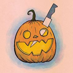 a cartoon pumpkin with a knife sticking out of it's mouth