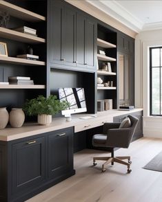 Office Wall Unit Ideas, Study Built Ins, Office Cabinets Ideas, Built In Office, Built In Desk And Shelves, Built In Bookcases, Home Office Built Ins, Modern Home Offices