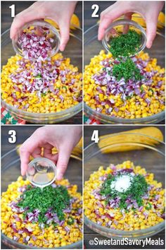 steps to make corn salad in a bowl with onions, red onion and parsley