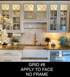 a kitchen with white cabinets and granite counter tops, has the words grid 8 apply to face no frame