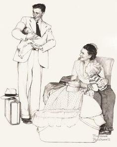 a drawing of a man holding a baby next to a woman in a dress and suit