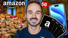 a man standing in front of a pile of boxes and an amazon gift card