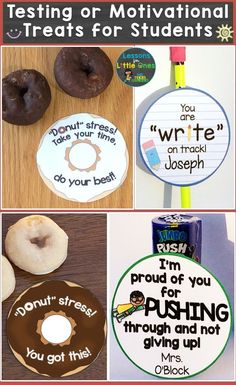 some donuts and other things that are on the table with words written in them