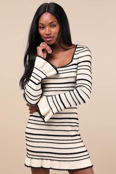 The Lulus Cozy Outlook Ivory Fuzzy Striped Long Sleeve Sweater Mini Dress was made to be paired with chic boots and your favorite fall jacket! Stretchy ribbed knit, with a fuzzy black striped design throughout, shapes this too-cute dress that features a subtle square neckline, long sleeves with flaring ruffled cuffs, and a flirty bodycon silhouette that falls to a matching ruffled mini hem. Fit: This garment fits true to size. Length: Mid-thigh. Size medium measures 32.75" from shoulder to hem. Bust: Great for any cup size. Waist: Fitted - stretchy fabric allows custom fit. Hip: Loosely Fitted. Undergarments: May be worn with a strapless bra, adhesive bra, petals, or no bra. Fabric: Fabric is very stretchy. Unlined. 70% Viscose, 30% Polyester. Hand Wash Cold. Do Not Bleach. Line Dry. Iron Chic Boots, Sweater Mini Dress, Striped Sweater Dress, Adhesive Bra, Mini Sweater Dress, Fall Jackets, Striped Sweater, Striped Long Sleeve, Stripe Sweater