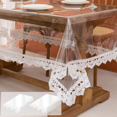 an image of a table with white lace on the top and place mats under it