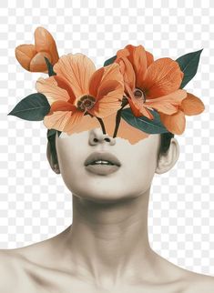 a woman with orange flowers on her head, looking up at the sky transparent background