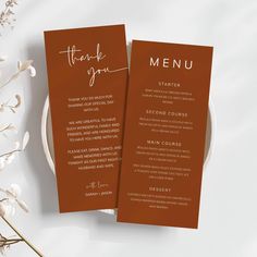 two brown menu cards with the words thank you on them