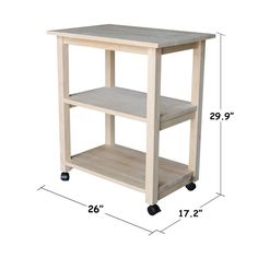 Unfinished and ready for customization Distance from floor to bottom of lower shelf: 3.7 inches Distance between each shelf: 10.4 inches Distance from top of lower shelf to bottom of upper shelf: 11.9 inches Size of each shelf: 23 in W x 14.50 in D Cart dimensions: 26 in W x 17 in D x 28 in H Not rated for commercial use, for residential use only Features Collection Name N/A Color/Finish Family Off-white Base Material Wood Base Color Brown Top Material Wood Countertop Finish Wood Wood Species Ru Portable Kitchen Island, Microwave Cart, Rolling Kitchen Cart, Unfinished Furniture, Kitchen Storage Cart, Portable Kitchen, Concept Home, Kitchen Tops, Low Shelves