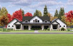 this is an artist's rendering of a house in the fall with trees and grass