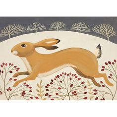 a painting of a brown rabbit running through the woods