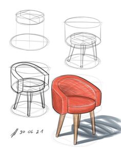 three different chairs and one stool are shown in the drawing process, with each chair on its own side