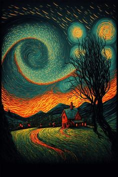 a painting of a night sky with stars and swirls in the sky over a rural landscape