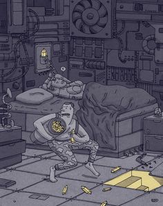 an illustration of a man in a room with lots of wires and other things on the floor