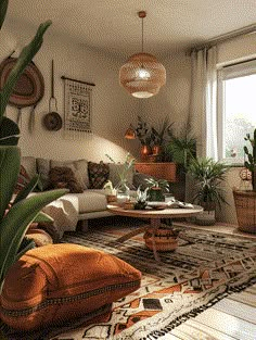 a living room filled with furniture and plants