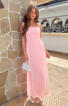 New Message Prom Event, Flowy Gown, Prom Midi Dress, Semi Formal Dresses, Pink Maxi, Beginning Boutique, White Heels, Strapless Tops, Pink Maxi Dress