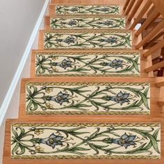 the stair treads are decorated with blue flowers