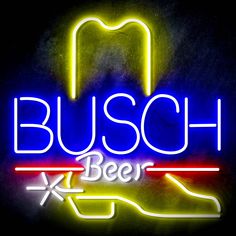 a neon sign that says busch beer in front of a dark background with the word