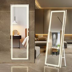 an illuminated mirror in the middle of a room