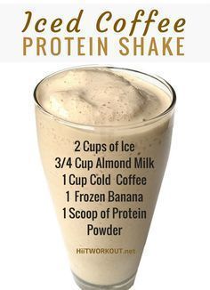 iced coffee protein shake recipe in a glass with information about the ingredients and how to use it