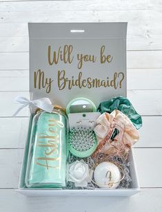 a bridesmaid gift box filled with personal care items