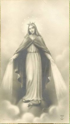 an old photo of the virgin mary in white robes and crown on top of clouds