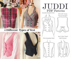 four different types of vests on mannequins with text that says juddi ppf patterns