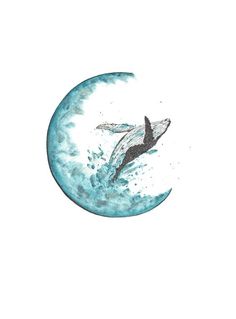 an orca jumping out of the water in front of a half moon on a white background