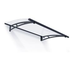 a glass shelf with black metal brackets on the top and bottom, against a white background