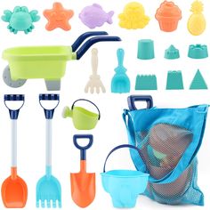 various toys including shovels, watering tools and bags on a white background with clipping for text