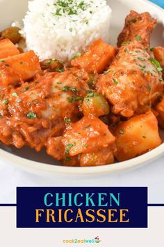 chicken fricase with rice in a white bowl on a blue and white table cloth