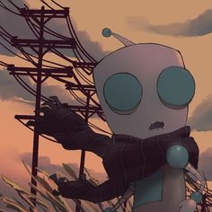 a cartoon character is standing in front of power lines and wires, with one eye on the camera