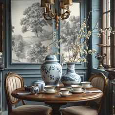 a dining room table with two vases on top of it and plates in front of the table