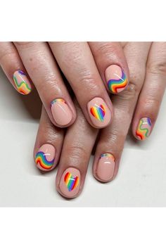 Colorful Press on Nails Short Square Fake Nails Nude Pink Glue on Nails Rainbow Swirl False Nails with Design Cute Acrylic Nails Full Cover Glossy Stick on Nails Artificial Nails for Women Girls Gay Valentines, Nails Rainbow, Black French Tips, Short Press On Nails, Rainbow Swirl, Nails Short, Rainbow Heart, Short Acrylic Nails