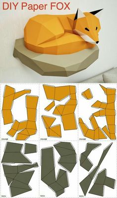 an origami fox laying down on top of a pillow with instructions to make it