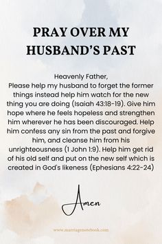 a prayer card with the words pray over my husband's past