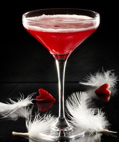 a red drink in a glass with white feathers on the rim and garnishes