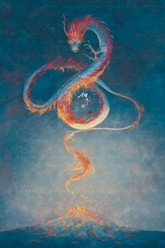 a painting of a dragon sitting on top of a mountain in the sky with fire coming out of its body