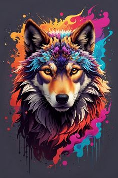 a wolf with colorful paint splatters on it's face