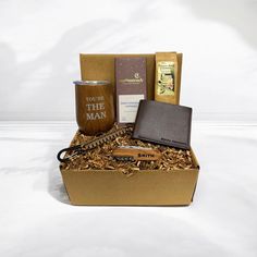 a gift box with coffee, tea and other items