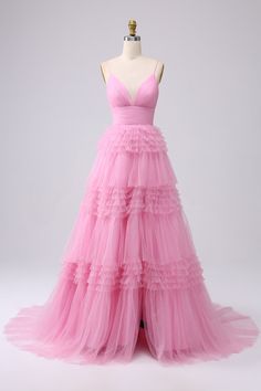 Senior Prom Dress Ideas, Pink Ruffle Prom Dress, Fluffy Prom Dresses, Fun Prom Dresses, Pink Fancy Dress, Funky Formal, Pink Prom Dresses Long, Pastel Prom Dress, Prom Dress With Ruffles