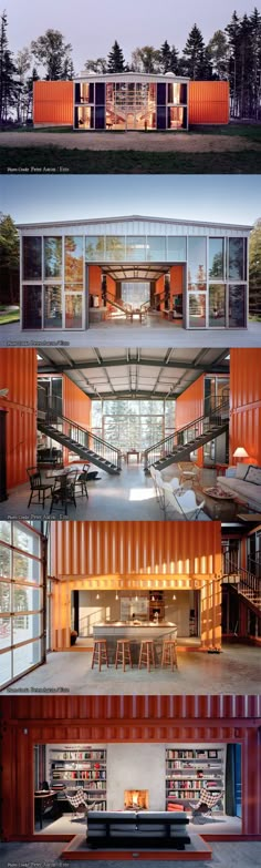 three different views of the inside and outside of a shipping container house with stairs leading up to the second floor