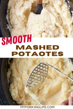 mashed potatoes in a slow cooker with text overlay that reads, smooth mashed potatoes