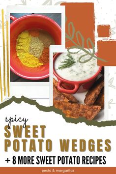 sweet potato wedges and more sweet potato recipes are featured in this postcard for spicy sweet potato wedges