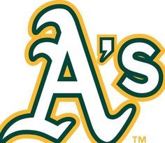 the oakland athletics team logo with green and yellow letters on it's left side